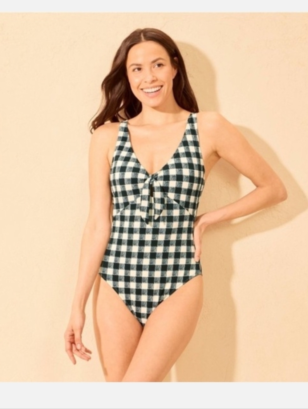 Shade & Shore Women's Gingham Front Knot High Leg Cheeky Swimsuit Black and whit